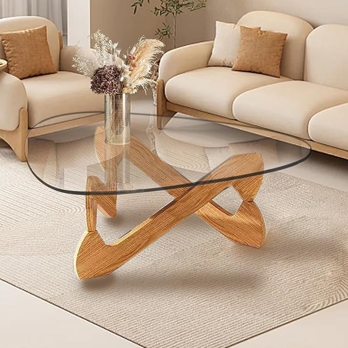 Triangle Coffee Table Glass Coffee Table for Living Room Clear Glass Coffee Table with Solid Wood Base Mid Century Modern Coffee Table for Small Spaces (Wood-Transparent, 32.3in) - LeafyLoom