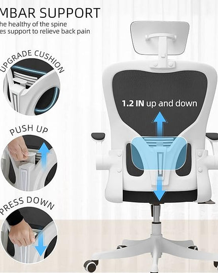 Office Chair, Ergonomic Office Chair with Lumbar Support & 3D Headrest & Flip Up Arms Home Office Desk Chairs Rockable High Back Swivel Computer Chair White Frame Black Mesh Study Chair - LeafyLoom