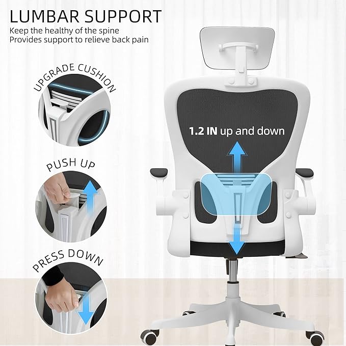 Office Chair, Ergonomic Office Chair with Lumbar Support & 3D Headrest & Flip Up Arms Home Office Desk Chairs Rockable High Back Swivel Computer Chair White Frame Black Mesh Study Chair - LeafyLoom