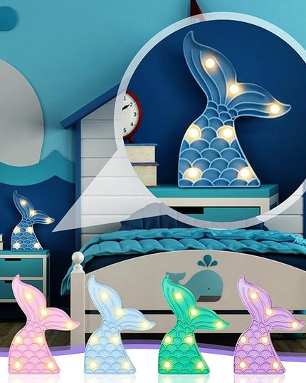 4 Pcs Cute Mermaid Tail Night Light Mermaid Party Supplies Birthday Party Decor Mermaid Lamp Battery Operated LED Light for Table Wall Bedrooms Living Room for Girl Boy Kid Gifts, 4 Colors - LeafyLoom