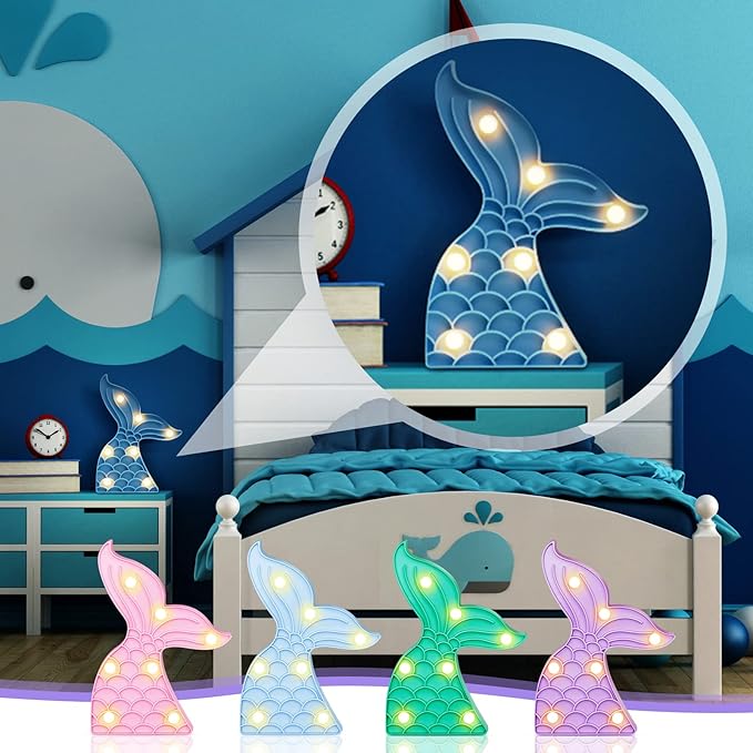 4 Pcs Cute Mermaid Tail Night Light Mermaid Party Supplies Birthday Party Decor Mermaid Lamp Battery Operated LED Light for Table Wall Bedrooms Living Room for Girl Boy Kid Gifts, 4 Colors - LeafyLoom