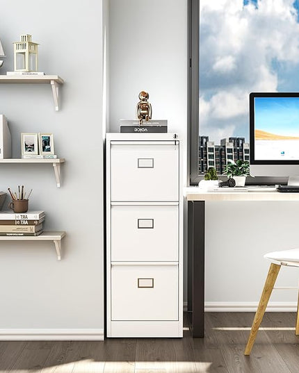 3 Drawer File Cabinet, Metal Vertical File Cabinets with Lock for Home Office, Office Steel Filing Cabinet for Hanging Files for A4/ Legal/Letter,Assembly Required (White) - LeafyLoom