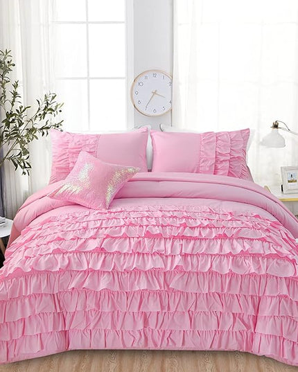A Nice Night Waterfall Flutter Ruffle Comforter Set,Ruffled Textured Soft Chic Princess 6pcs Bedding Set,with Bling Shiny Sequin Throw Pillow Case,DarkPink,Full - LeafyLoom