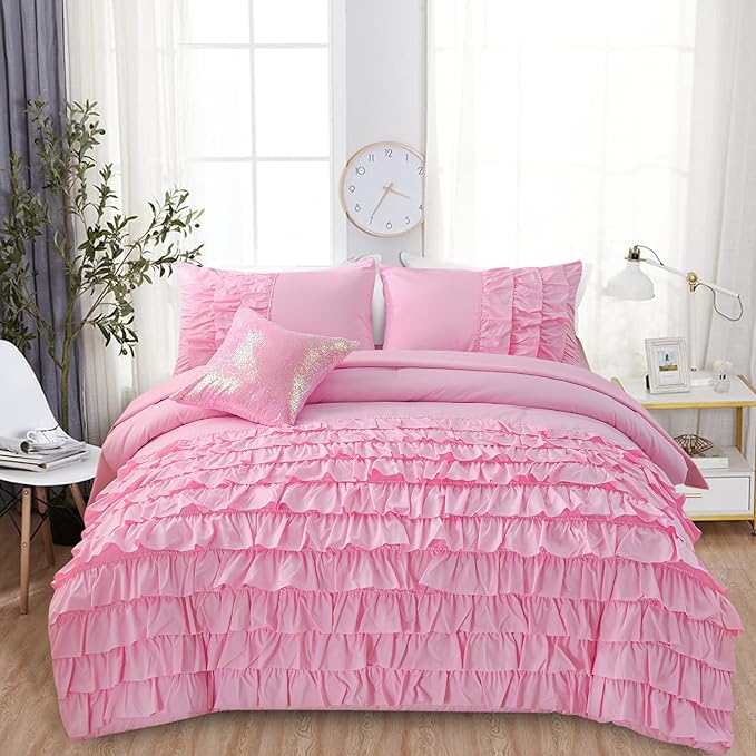 A Nice Night Waterfall Flutter Ruffle Comforter Set,Ruffled Textured Soft Chic Princess 6pcs Bedding Set,with Bling Shiny Sequin Throw Pillow Case,DarkPink,Full - LeafyLoom