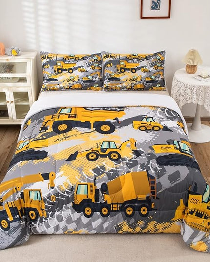 Feelyou Kids Construction Comforter Set Queen Size Bedding Sets for Boys Toddler Children Cartoon Excavator Tractor Comforter Set Construction Machinery Truck Duvet Set Baby Boys Vehicles Cars Bed Set - LeafyLoom