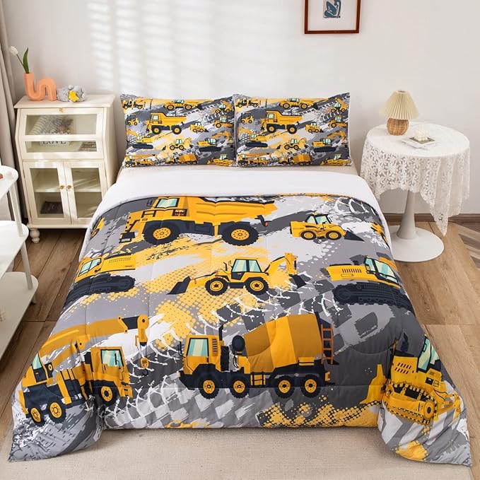 Feelyou Kids Construction Comforter Set Queen Size Bedding Sets for Boys Toddler Children Cartoon Excavator Tractor Comforter Set Construction Machinery Truck Duvet Set Baby Boys Vehicles Cars Bed Set - LeafyLoom