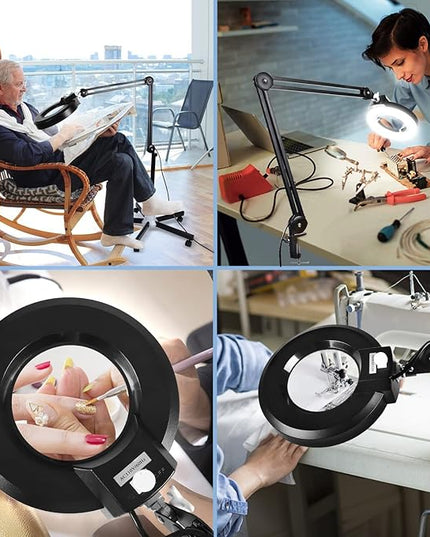 8X Magnifying Glass with Light and Stand, LANCOSC Floor Lamp with 5-Wheel Rolling Base for Facials Lash Estheticians, 1,500 Lumens Dimmable LED Lighted Magnifier for Reading Sewing Crafts - Black - LeafyLoom