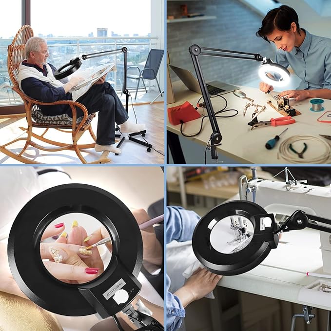 8X Magnifying Glass with Light and Stand, LANCOSC Floor Lamp with 5-Wheel Rolling Base for Facials Lash Estheticians, 1,500 Lumens Dimmable LED Lighted Magnifier for Reading Sewing Crafts - Black - LeafyLoom