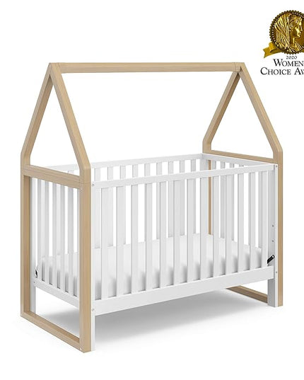 Storkcraft Orchard 5-in-1 Convertible Crib (White with Driftwood) – GREENGUARD Gold Certified, Canopy Style Baby Crib, Converts from Crib to Toddler Bed, Daybed and Full-Size Bed - LeafyLoom