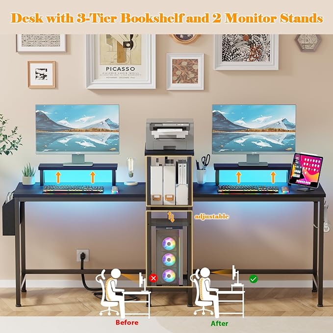 Furologee 2 Person Gaming Desk with LED Lights, 71 Inch Computer Desk with Power Outlets and Monitor Stand, Double Desk with Storage Bag and Headphone Hooks, Study Writing Table for Home Office, Black - LeafyLoom