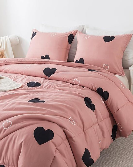 Love Pattern Cameo Brown Comforter Set Full Size, Pink Love Heart Sexy Comforter Bedding Set for All Seasons, Geometric Microfiber 3 Pieces Comforter Set with Pillowshams - LeafyLoom