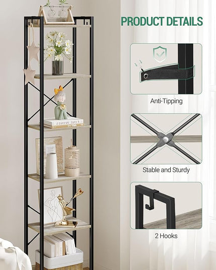 Bookshelf, Book Shelf, Industrial Bookcase with 2 Hooks, Coner Shelf Storage Organizer for Home Office, Living Room, Bedroom, Kitchen, 6-Tier Greige BC10705B - LeafyLoom