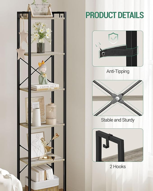 Bookshelf, Book Shelf, Industrial Bookcase with 2 Hooks, Coner Shelf Storage Organizer for Home Office, Living Room, Bedroom, Kitchen, 6-Tier Greige BC10705B - LeafyLoom