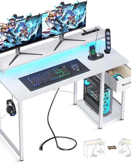 AODK Gaming Desk with LED Lights & Power Outlet, 48 Inch Computer Desk with Drawer, Reversible Desk with Adjustable Monitor Shelf & Headphone Hook for Home Office, White - LeafyLoom