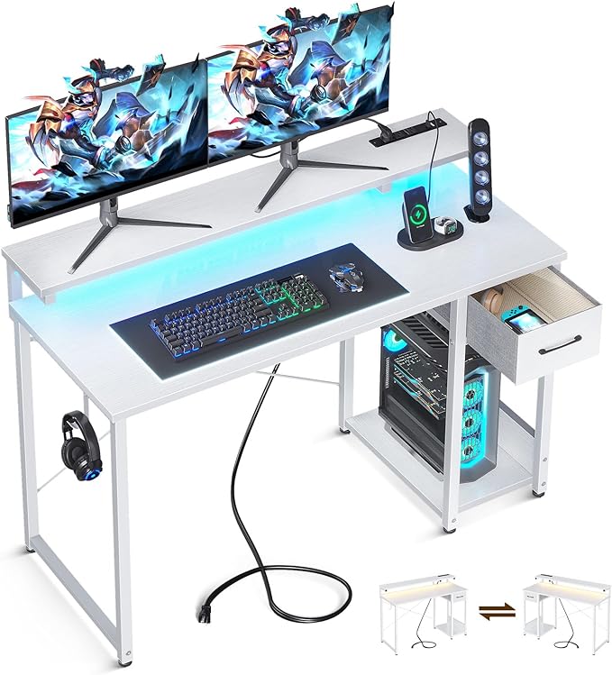 AODK Gaming Desk with LED Lights & Power Outlet, 48 Inch Computer Desk with Drawer, Reversible Desk with Adjustable Monitor Shelf & Headphone Hook for Home Office, White - LeafyLoom