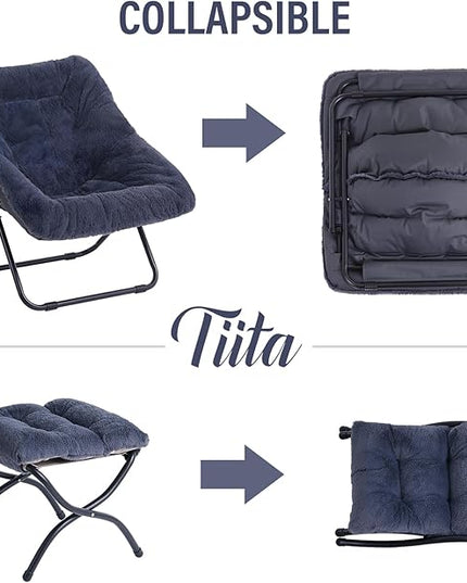 Tiita Saucer Chair with Ottoman, Soft Faux Fur Oversized Folding Accent Chair,Lounge Lazy Chair, Metal Frame Moon Chair for Bedroom, Living Room, Dorm Rooms, Garden and Courtyard - LeafyLoom