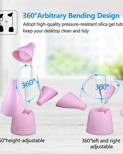 Small Desk Lamp, Kids Desk Lamp with Pen Holder & Mobile Phone Stand, 3 Lighting Modes for Reading Kids Dorm& Mobile Phone Stand for Reading Dorm Home Office(Pink) - LeafyLoom