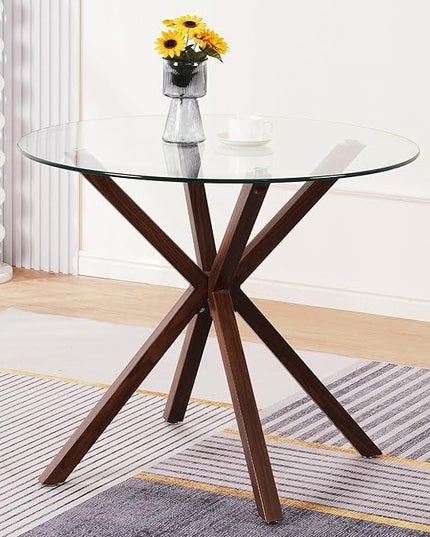 Round Glass Dining Table,34.7" Glass Top Kitchen Table with Wooden Grain Metal Legs,Modern Dining Room Table for 2 or 4,Circle Dinner Table for Kitchen, Small Spaces, Apartment - LeafyLoom