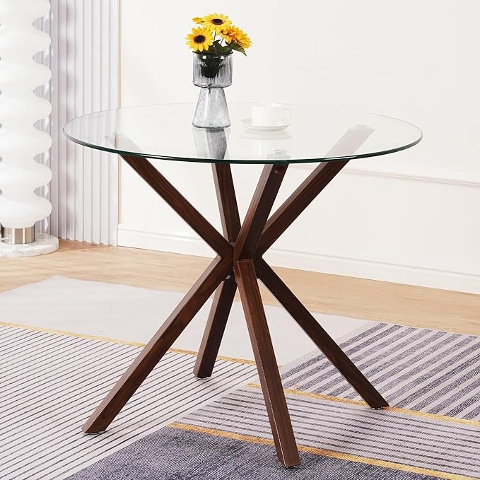 Round Glass Dining Table,34.7" Glass Top Kitchen Table with Wooden Grain Metal Legs,Modern Dining Room Table for 2 or 4,Circle Dinner Table for Kitchen, Small Spaces, Apartment - LeafyLoom