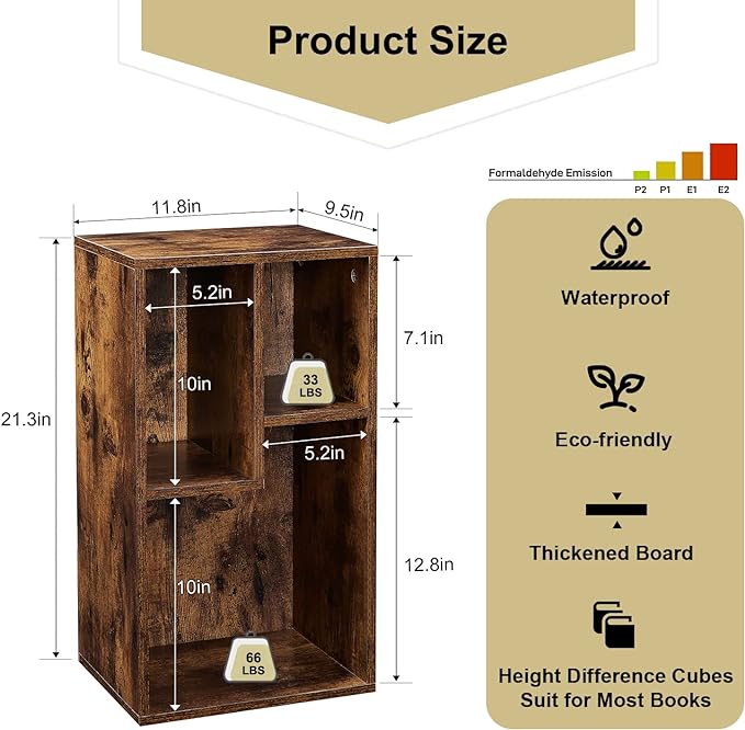 VECELO 3-Cube Open Bookcase, Small Bookshelf with Height Difference Shelves for Most Books, Horizontal Available, 2-Tier Storage Organizer for Home Office, Living Room, Rustic Brown - LeafyLoom