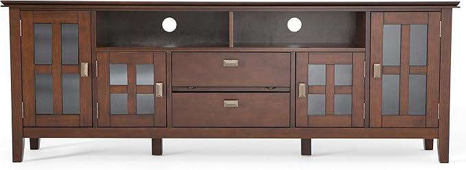 SIMPLIHOME Artisan SOLID WOOD Universal TV Media Stand, 72 inch Wide, Contemporary, Living Room Entertainment Center, Storage Cabinet, for Flat Screen TVs up to 80 inches in Russet Brown - LeafyLoom