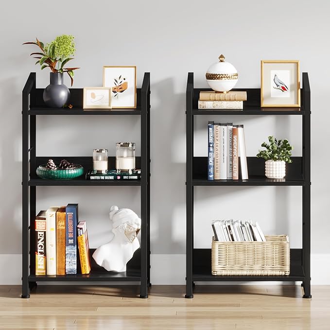 3 Tier Bookshelf: Small Modern Industrial Bookshelves for Bedroom, Short Bookcase Book Shelf for Small Spaces (Black) - LeafyLoom