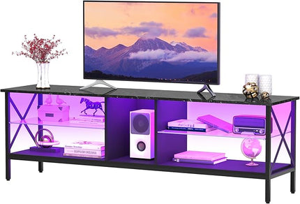 Clikuutory 63 Inch Marble Texture TV Stand with LED Lights for 40 50 55 60 65 70 Inch TVs, 3Tier Modern Metal Television Stands with Entertainment Center and Storage for Living Room, Bedroom, Black - LeafyLoom
