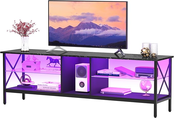 Clikuutory 63 Inch Marble Texture TV Stand with LED Lights for 40 50 55 60 65 70 Inch TVs, 3Tier Modern Metal Television Stands with Entertainment Center and Storage for Living Room, Bedroom, Black - LeafyLoom