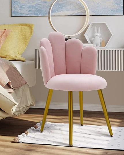 Vanity Chair for Makeup Room - Midcentury Modern Accent Velvet Chair with Back Support, Gold Legs for Living Room Bedroom, (Pink) - LeafyLoom