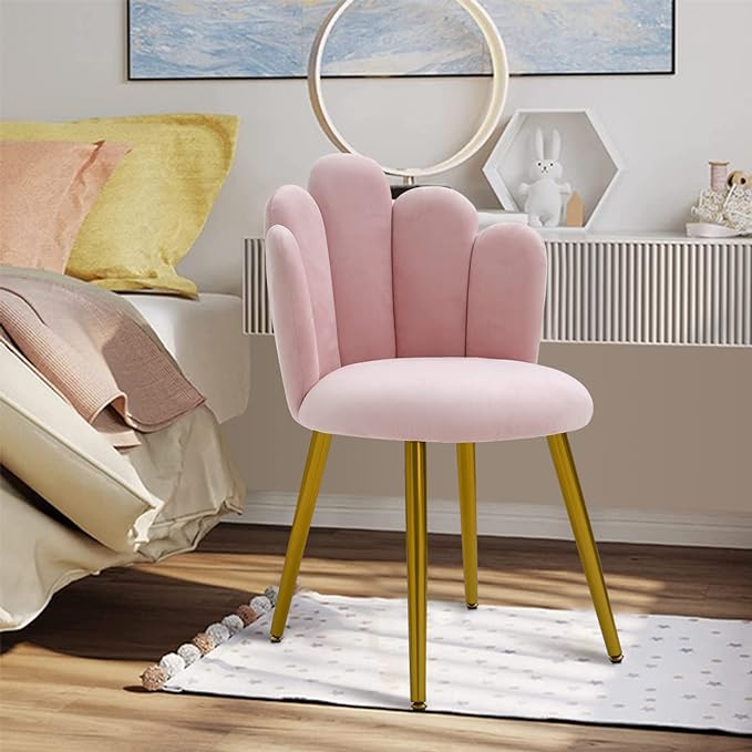 Vanity Chair for Makeup Room - Midcentury Modern Accent Velvet Chair with Back Support, Gold Legs for Living Room Bedroom, (Pink) - LeafyLoom