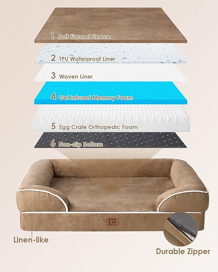 EHEYCIGA Orthopedic XL Dog Beds, Waterproof Memory Foam Dog Bed for Extra Large Dogs, Non-Slip Bottom and Egg-Crate Foam Big Dog Couch Bed with Washable Removable Cover, Camel EHEYCIGA