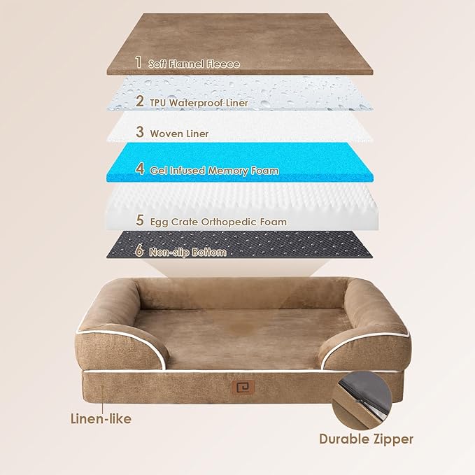 EHEYCIGA Orthopedic XL Dog Beds, Waterproof Memory Foam Dog Bed for Extra Large Dogs, Non-Slip Bottom and Egg-Crate Foam Big Dog Couch Bed with Washable Removable Cover, Camel EHEYCIGA