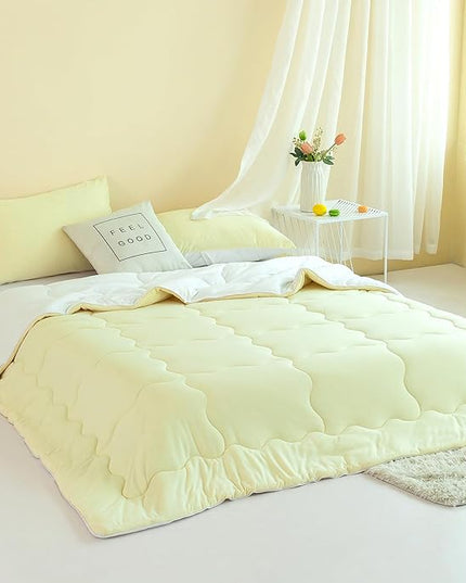 COTTEBED Reversible KING Bedding Comforter Set, Jersey Knit All Season Milk Cup Dual-Side Down Comforters, Super Soft Breathable Fluffy Lightweight Quilt & Pillow Shams(Yellow and White King/Cal King) - LeafyLoom