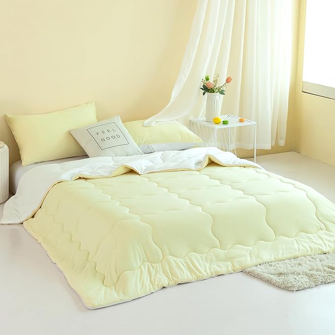 COTTEBED Reversible KING Bedding Comforter Set, Jersey Knit All Season Milk Cup Dual-Side Down Comforters, Super Soft Breathable Fluffy Lightweight Quilt & Pillow Shams(Yellow and White King/Cal King) - LeafyLoom