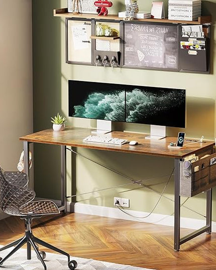 KKL Small Desk with Power Outlets and USB Port Computer Desk for Home Office Gaming Simple Modern Style Writing Desks with Storage Bag Headphone Hook, 48 inch, Rustic Brown - LeafyLoom