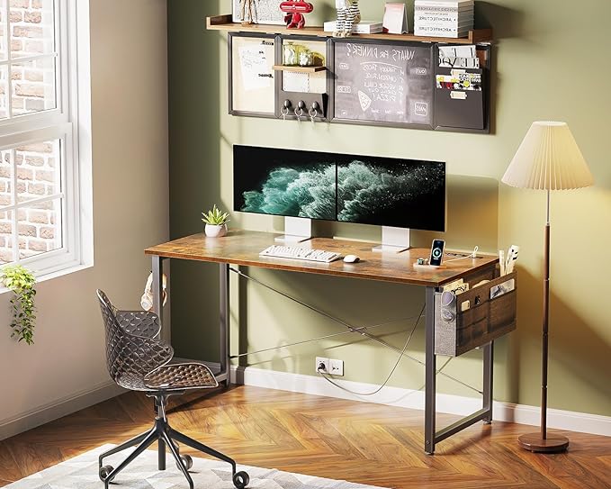 KKL Small Desk with Power Outlets and USB Port Computer Desk for Home Office Gaming Simple Modern Style Writing Desks with Storage Bag Headphone Hook, 48 inch, Rustic Brown - LeafyLoom