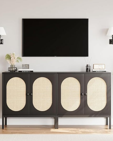 GAOMON Sideboard Buffet Cabinet, Rattan Storage Cabinet, Wood Accent Cabinet with Door and Shelf, Console Cabinet with Storage, Sideboard Cabinet for Hallway, Entryway, Living Room (Black) - LeafyLoom
