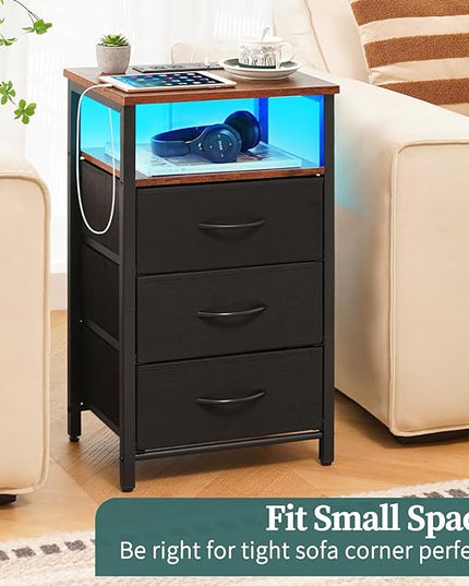 Yoobure Night Stand with Charging Station, 16 Colors LED Nightstand with USB Ports and Outlets, End Table with 3 Fabric Drawers and Storage Shelf, Bedside Tables Small Dresser for Small Space - LeafyLoom