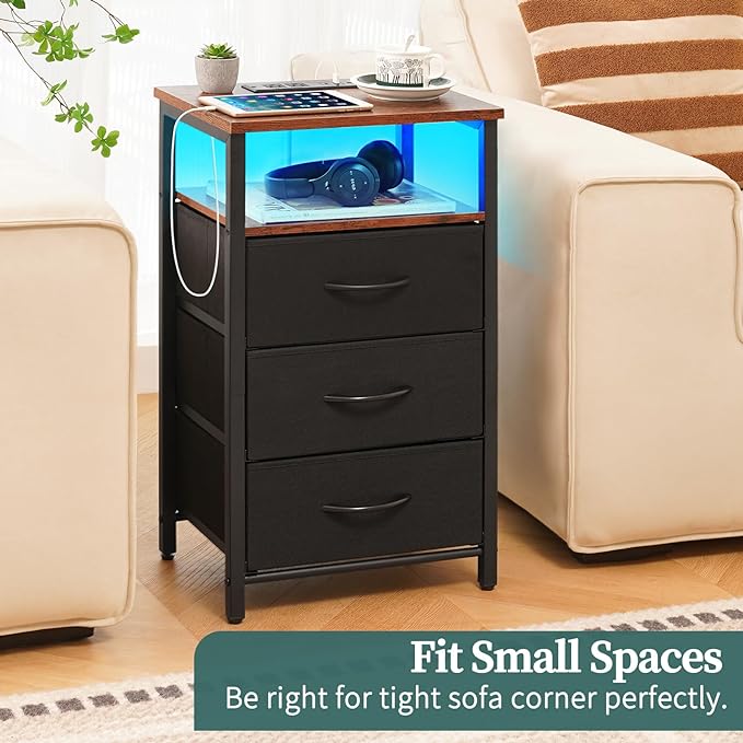 Yoobure Night Stand with Charging Station, 16 Colors LED Nightstand with USB Ports and Outlets, End Table with 3 Fabric Drawers and Storage Shelf, Bedside Tables Small Dresser for Small Space - LeafyLoom