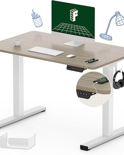 FLEXISPOT Standing Desk Quick Assembly Electric Stand Up Desk Whole-Piece Desktop Ergonomic Memory Controller Height Adjustable Desk(White Frame + 40" Grey Wood Grain Desktop) - LeafyLoom