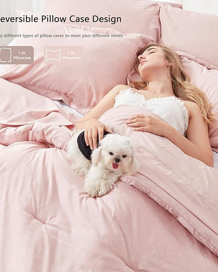 UNILIBRA Queen Comforter Set 7 Pieces - Pink Bed in a Bag Queen Size Soft for All Seasons - Cationic Dyeing Bedding Comforter Sets with Comforter, Flat Sheet, Fitted Sheet, Pillowcases & Shams - LeafyLoom