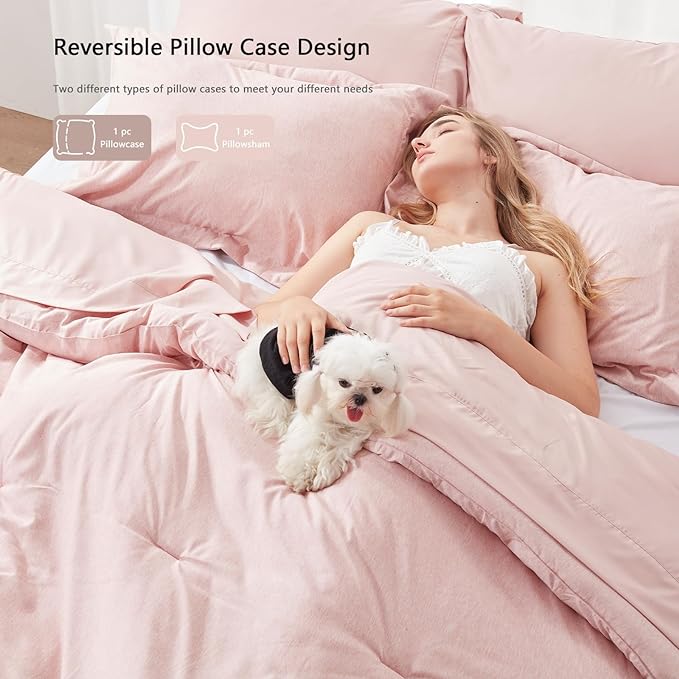 UNILIBRA Queen Comforter Set 7 Pieces - Pink Bed in a Bag Queen Size Soft for All Seasons - Cationic Dyeing Bedding Comforter Sets with Comforter, Flat Sheet, Fitted Sheet, Pillowcases & Shams - LeafyLoom