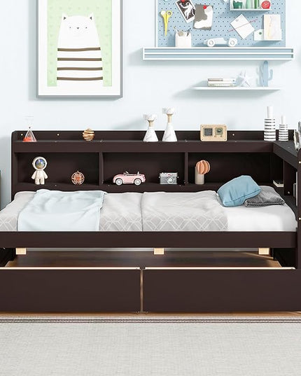 Twin Size Platform Bed with L-Shaped Bookcase and 2 Drawers, Wooden DayBed Bedframe with Storage Headboard for Bedroom Guest Room, Espresso - LeafyLoom