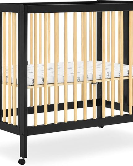Delta Children Mia Portable Folding Mini Crib with 1.5-Inch Mattress - Greenguard Gold Certified, Ebony Black/Natural - LeafyLoom