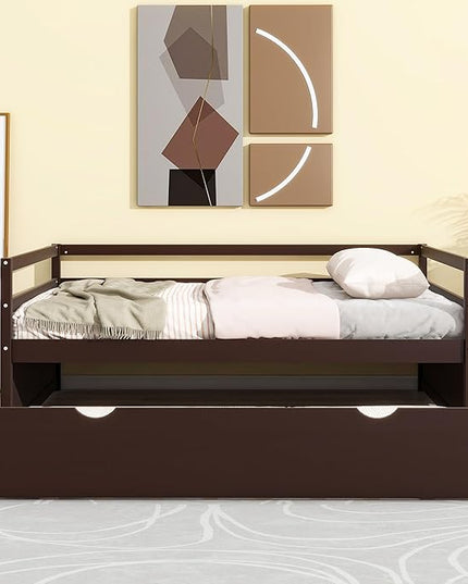 Twin Size Daybed with 2 Trundle,Multifunction Solid Wood Bed Frame,W/Wooden Slat Support,No Box Spring Needed,for Bedroom Apartment,Guest room,Espresso - LeafyLoom