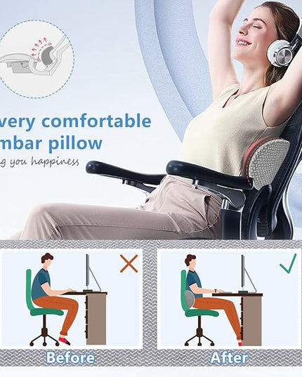 Lumbar Support Pillow - Memory Foam for Low Back Pain Relief, Ergonomic Streamline Car Seat, Office Chair, Recliner and Bed (Light Grey) - LeafyLoom