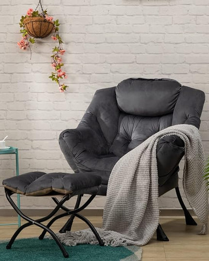 AbocoFur Fabric Lazy Chair with Foldable Ottoman, Accent Comfy Lounge Arm Chair and Folding Footrest Stool Set, Leisure Sofa Reading Chair and Footstool for Living Room, Bedroom, Dorm, Smoky Grey - LeafyLoom