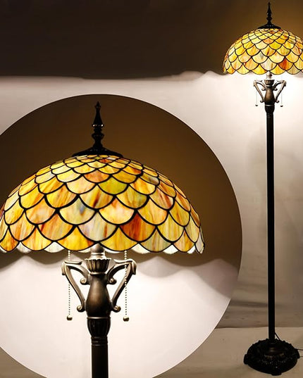 Tiffany Floor Lamp Stained Glass Standing Reading Light 16X16X64 Inch - Brown Fish Scales - LeafyLoom