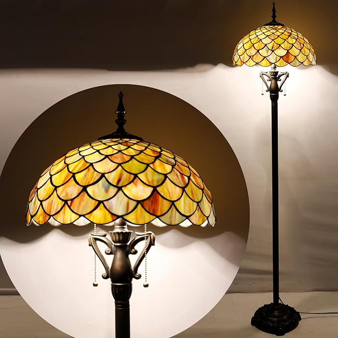 Tiffany Floor Lamp Stained Glass Standing Reading Light 16X16X64 Inch - Brown Fish Scales - LeafyLoom