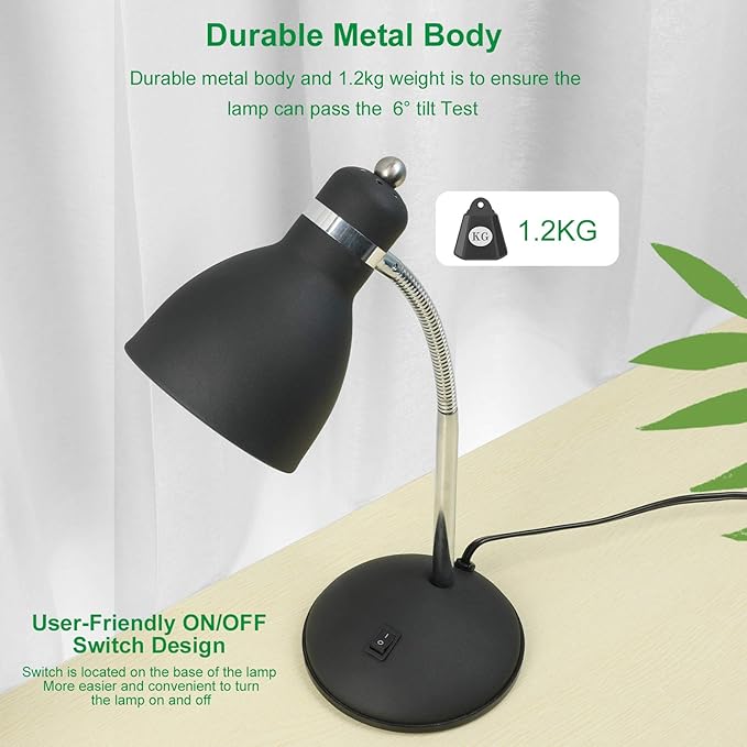 Desk Lamp with Flexible Gooseneck, Metal Table Lamp with 4W LED Bulb, Adjustable Eye-Care Reading Lamp for Bedside Reading, Studying, Computer and Hobbies (Sand Black) - LeafyLoom